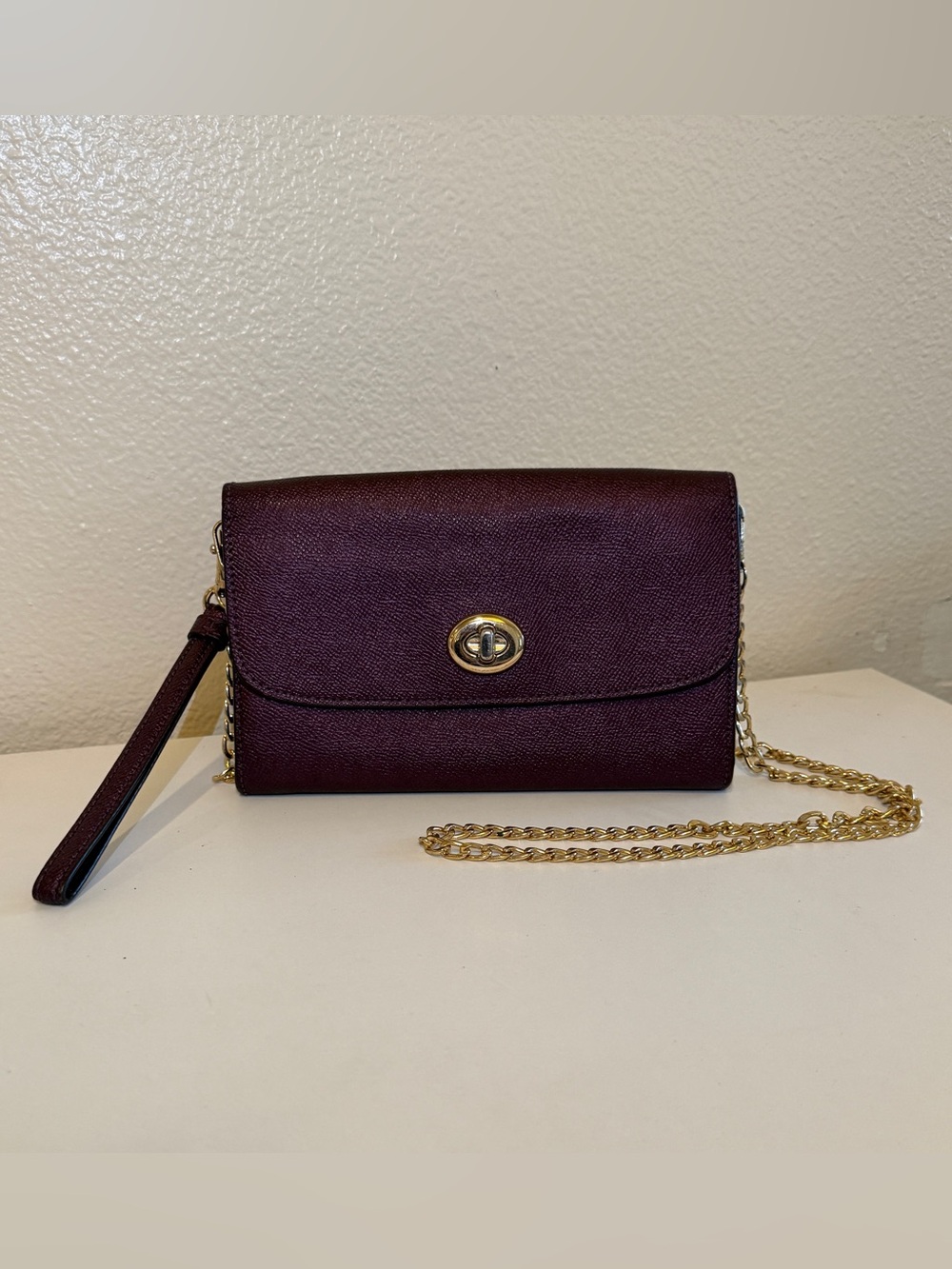 Coach Metallic Raspberry Leather Chain Convertible Crossbody Wristlet